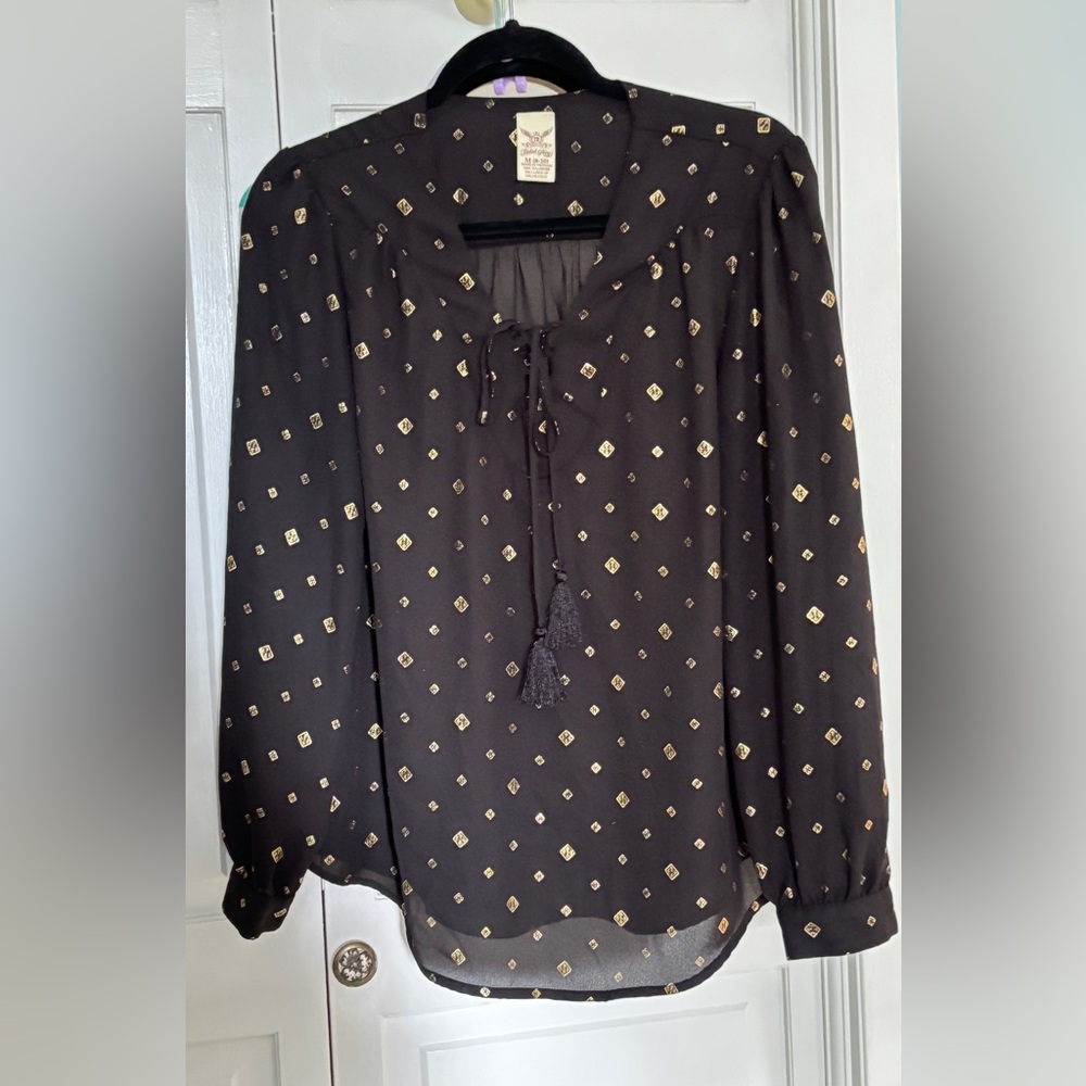 Faded Glory Black and Gold Long Sleeve Tie Front Blouse